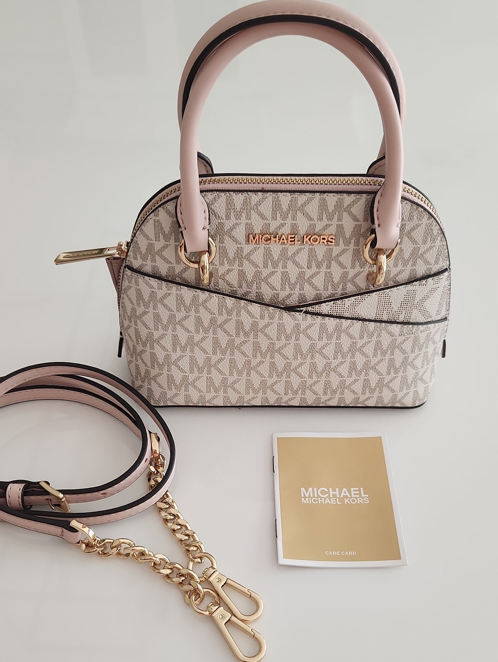 Michael Kors Mini XS White & Blush Pink Dome Satchel with Gold Hardware